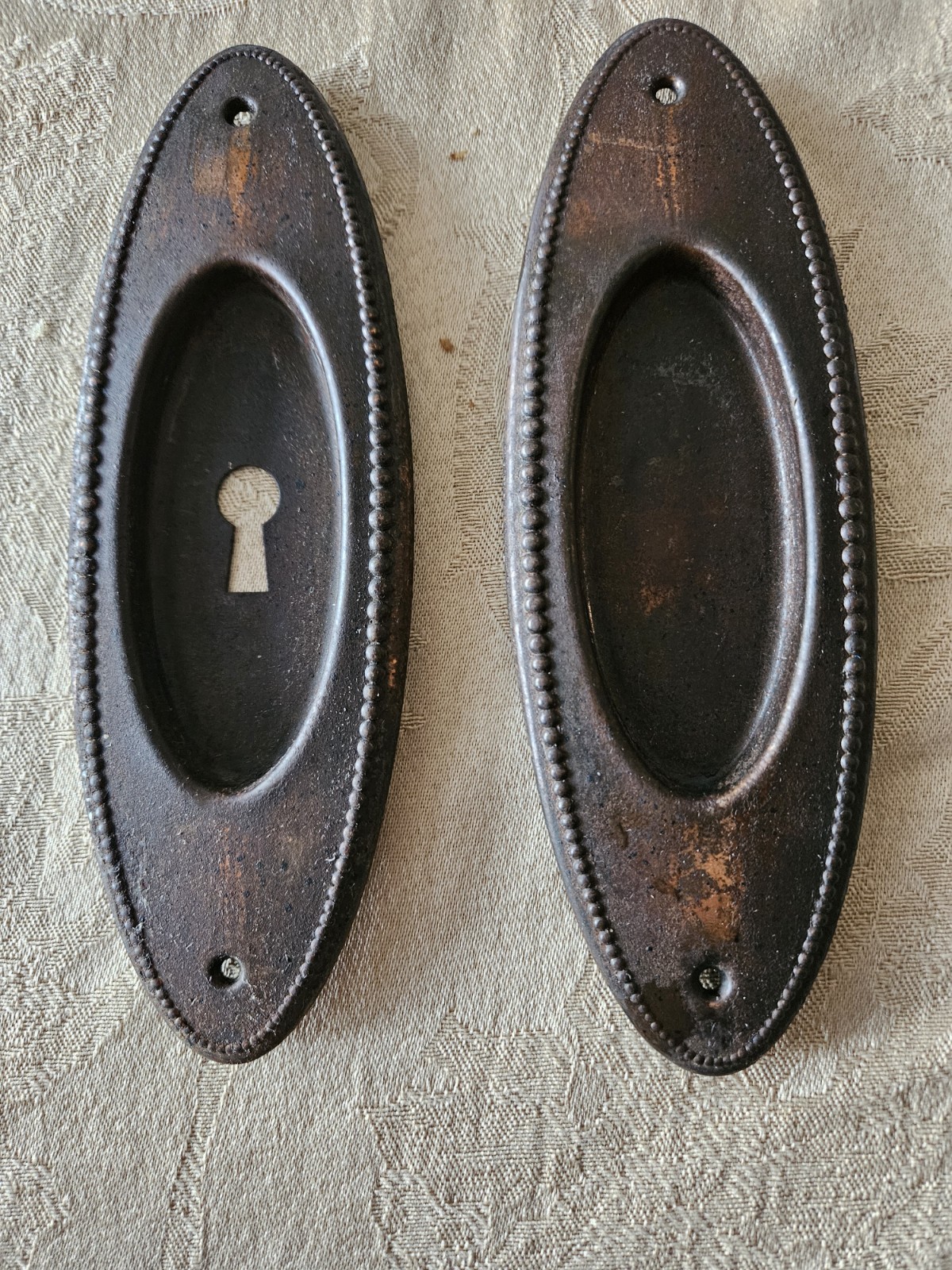 Pair Antique Oval Beaded Pocket Door Plates Escutcheon Pulls-Copper Flash