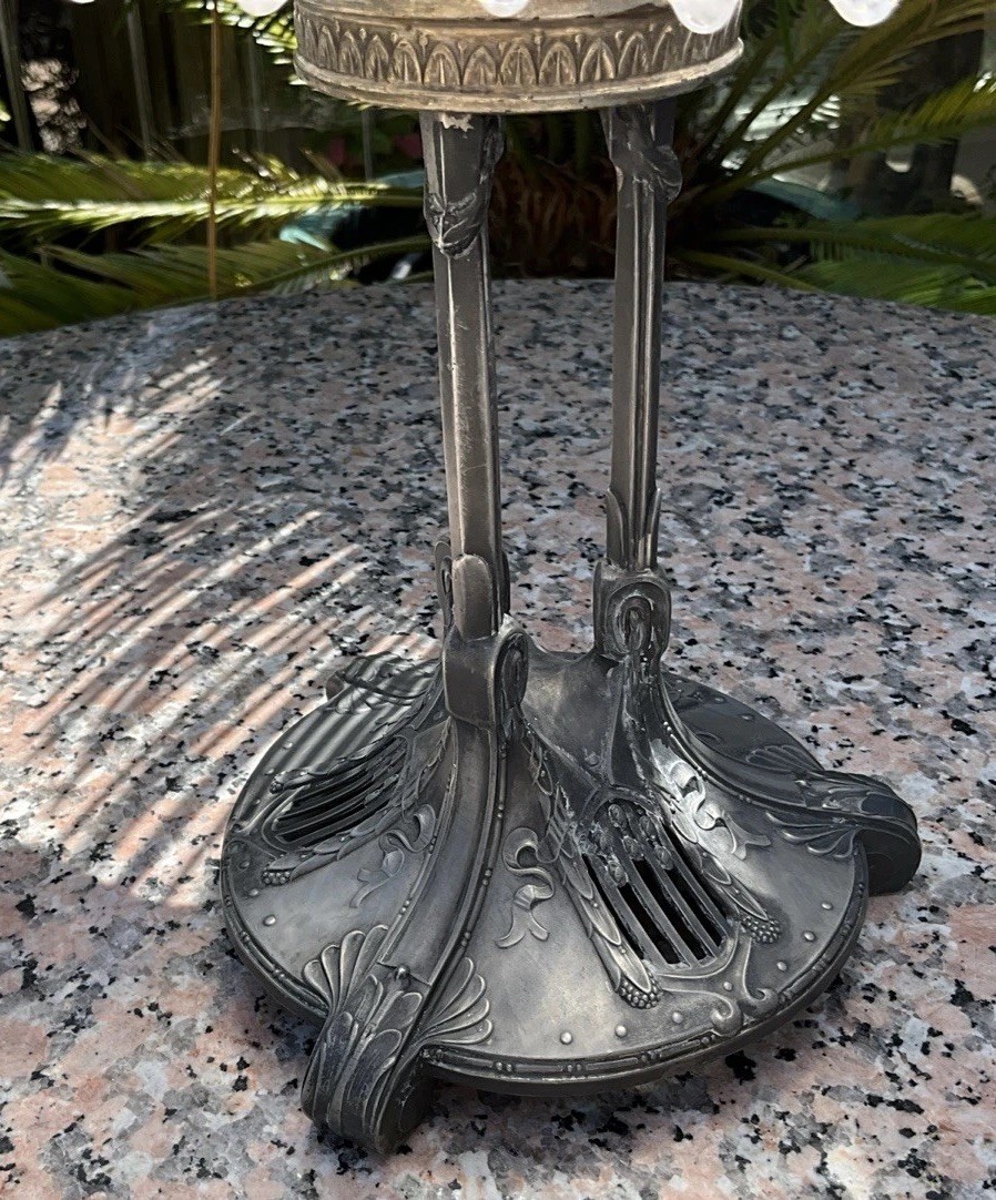 C1904 BRIDE’S BASKET CENTREPIECE RINDSKOPF 11” CRACKLE GLASS KEYSER PEWTER STAND
