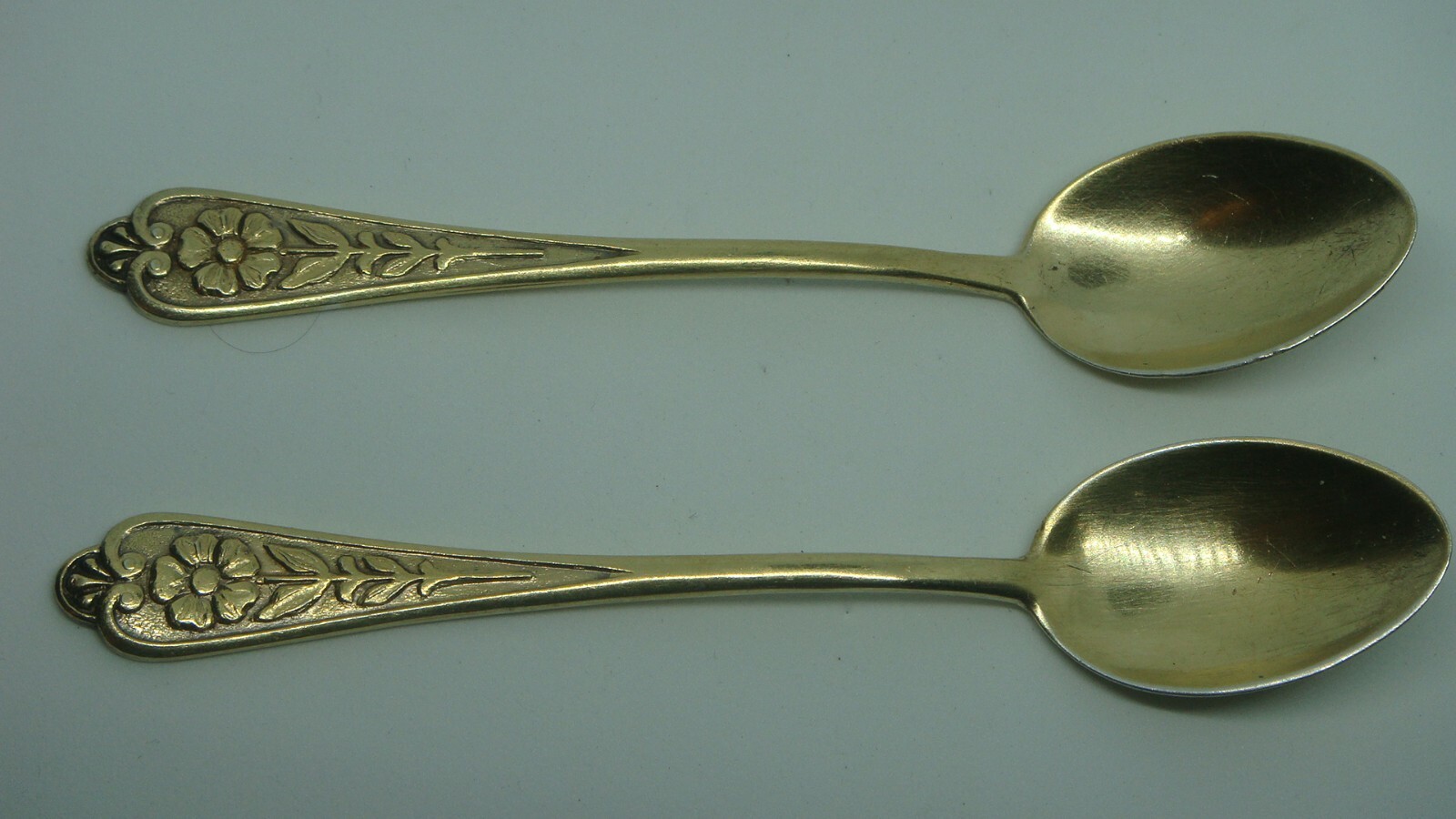 VINTAGE BAKU, AZERBAIJAN 875 SILVER TWO GILDED DEMITASSE FLOWER SPOONS