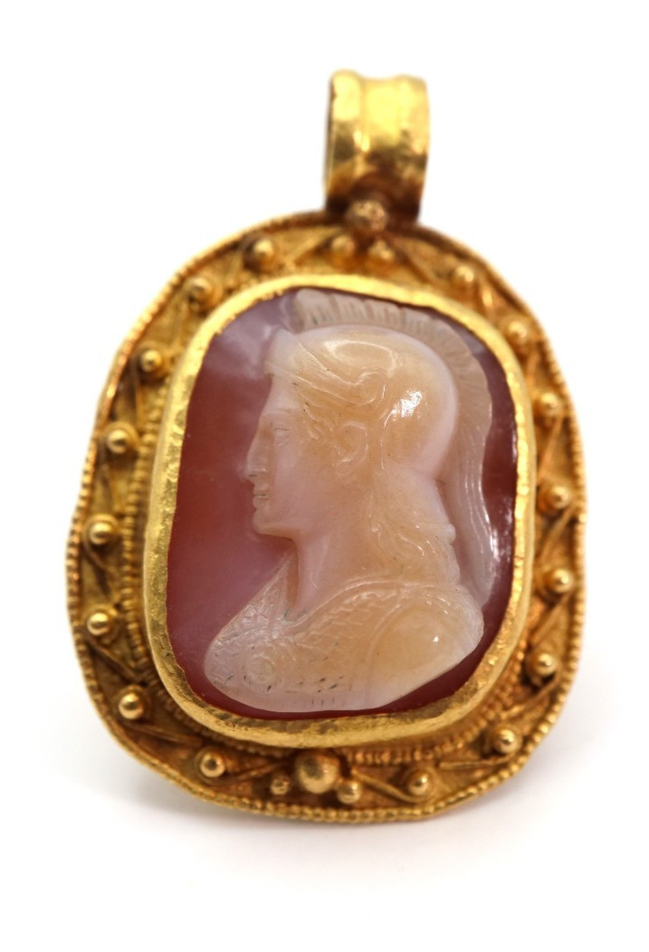 Roman Gold Pendant with Post Medieval Cameo of Athena Pallas