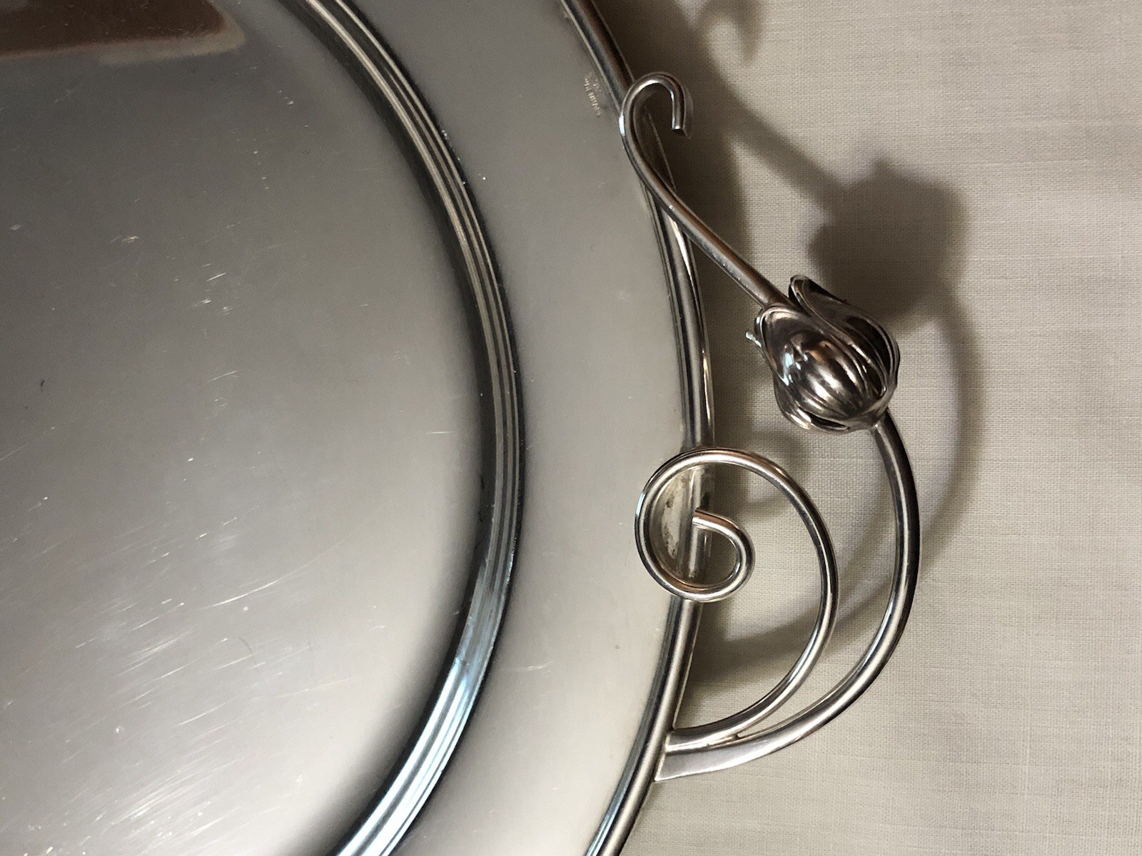 Georg Jensen Denmark Round Silverplated Tray with Swirl Handles – Tulip Motif