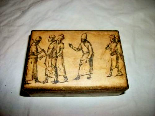 Italian Florentine Gilt Wood Box Sepia Robed Monks 1960s Vintage Italy Toleware