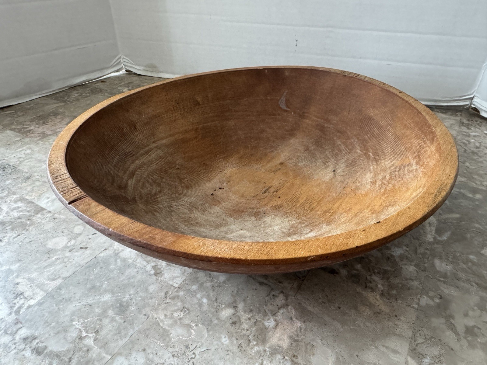 Antique 13″ Out of Round Turned Wood Maple Primitive Wooden Chopping Dough Bowl