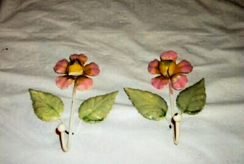 Italian Tole Pink Metal Flowers Hooks Cottagecore Vintage Original Buy 1 or 2