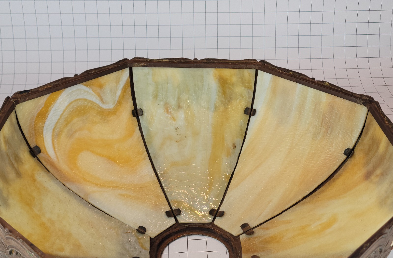 Antique c1910 18.5″ 8-Panel Bent Caramel Slag Glass Lamp Shade Art Nouveau