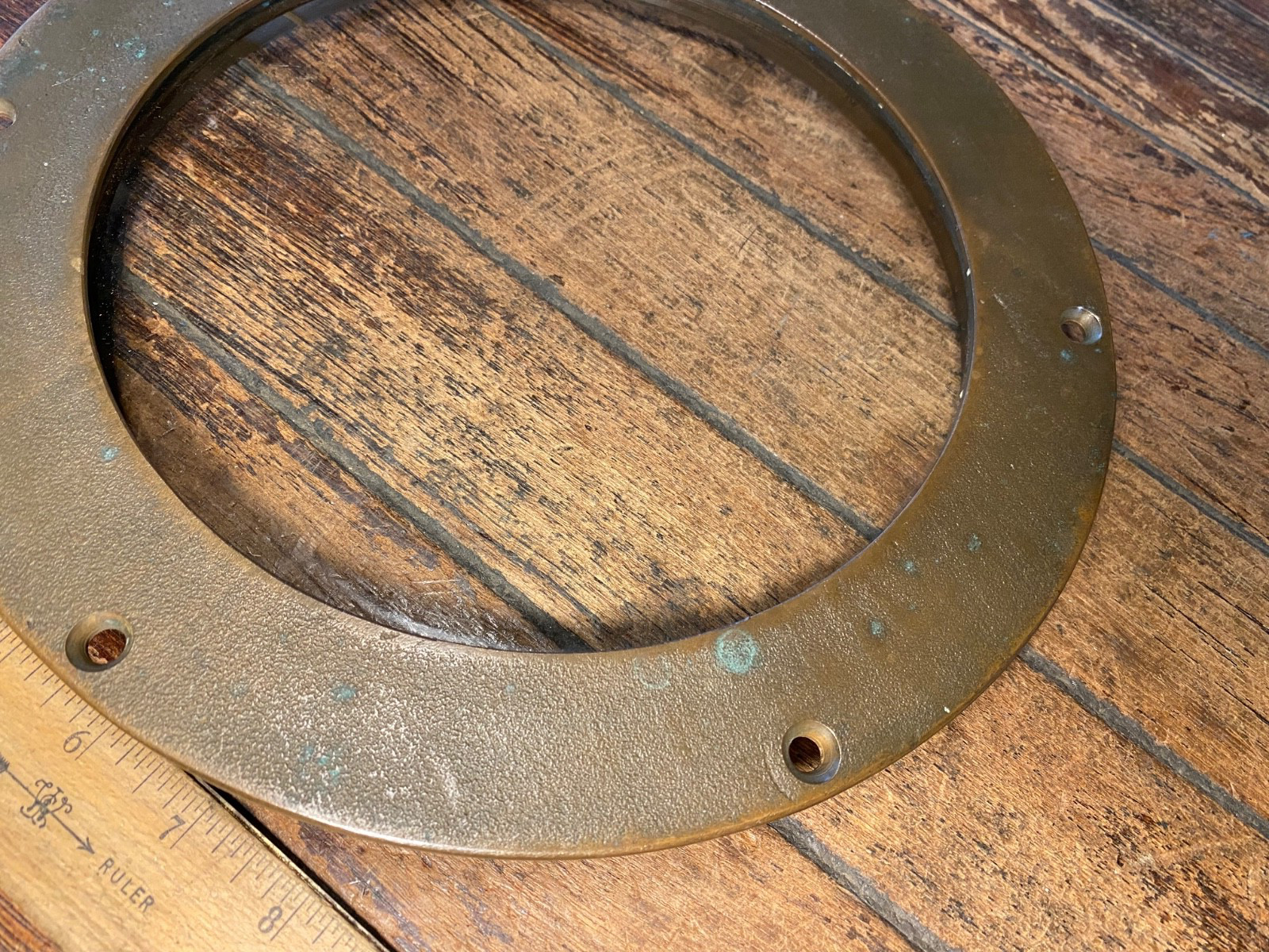 Vintage Bronze Fixed Port 11″ OD Flange, 8″ Glass, Nice Patina