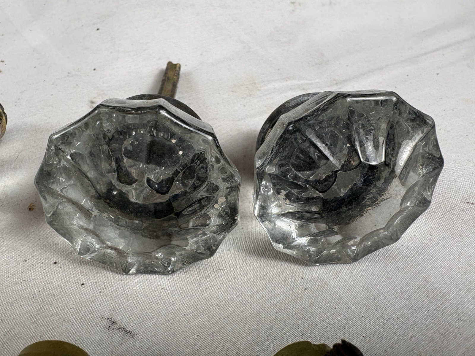 Lot Antique Pressed Glass Door Knobs w Spindles Mixed Finishes Brass Nickel Iron