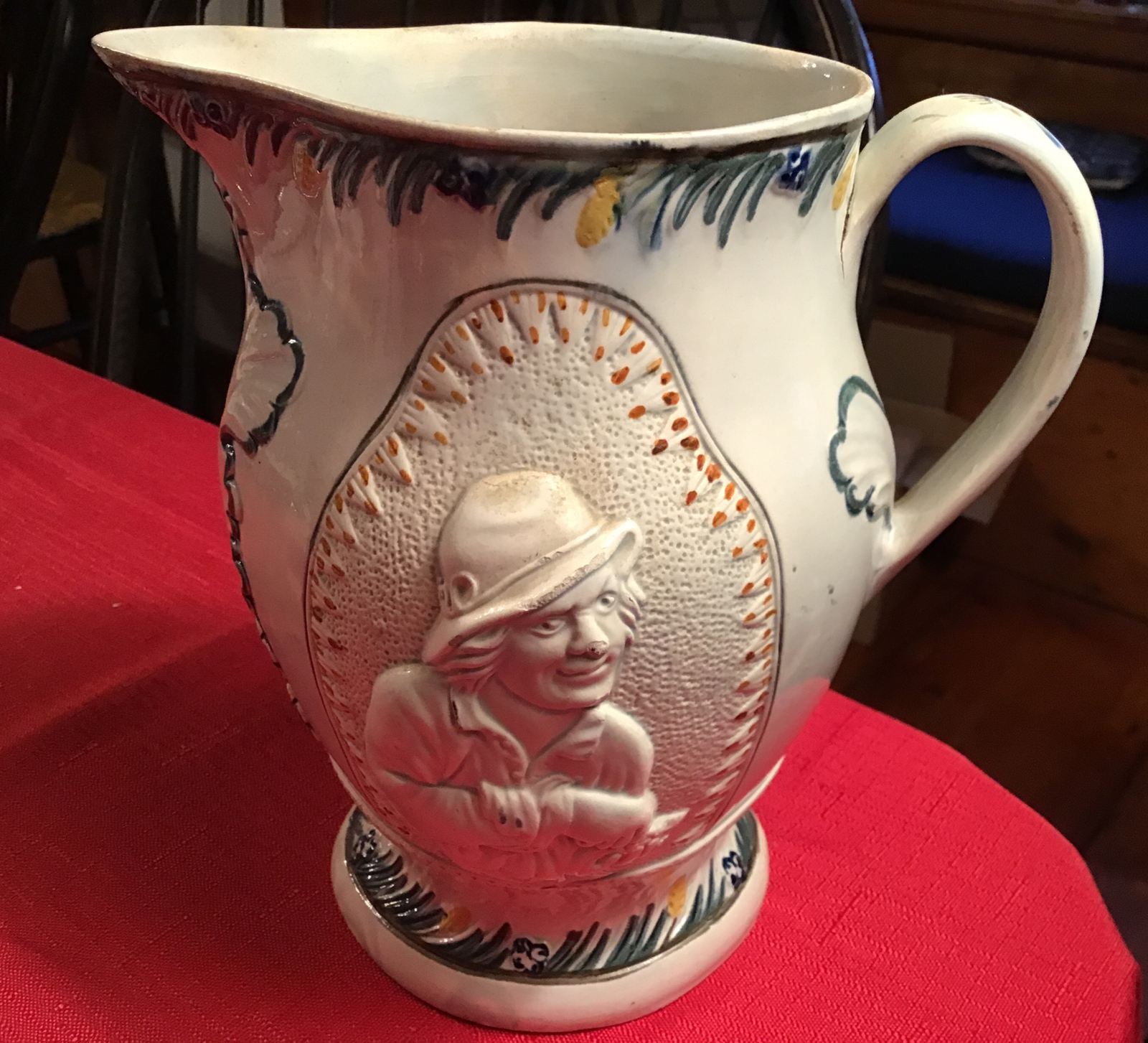 Pratt Ware Prattware Jug Pitcher Large 7 1/2” Molded Relief Lemon Shaped Base