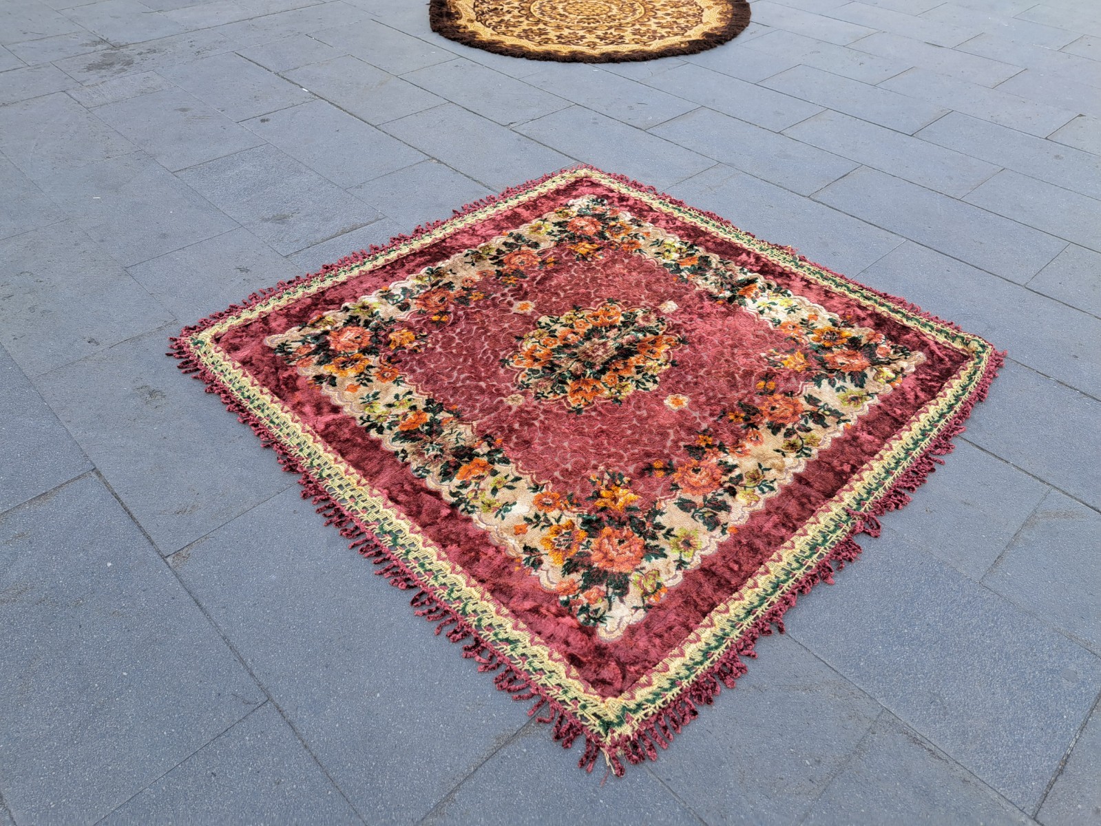 Turkish Velvet Rug, Table Ornament, Vintage Tapestry, Wall Art, 4.3 x 4.3 ft