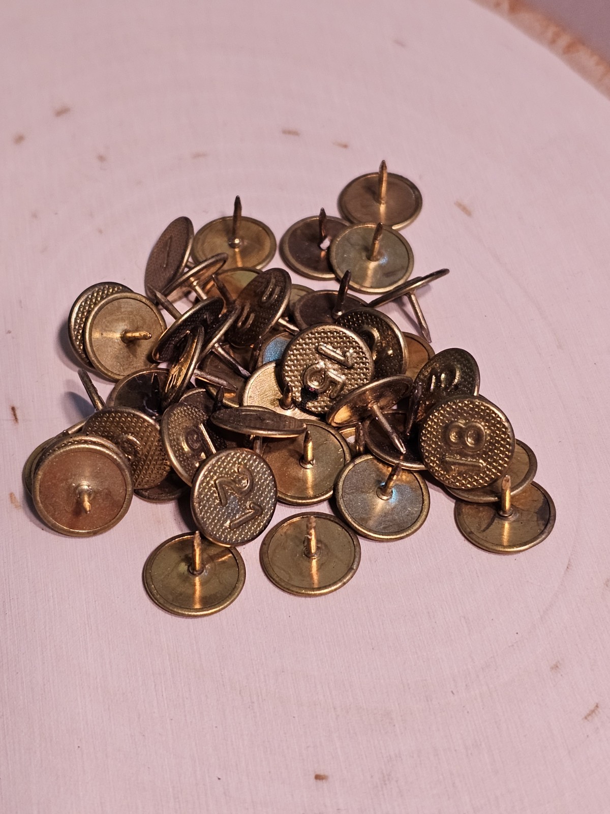 Vintage – 23 Solid Brass Head Screen or Door Thumb Tacks Numbered for Crafts