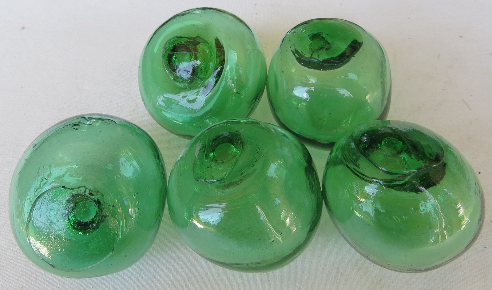 Asian Blown Glass Fishing FLOATS 2″ LOT-5 Green WONKY Off-Round Seal USA BZ CC