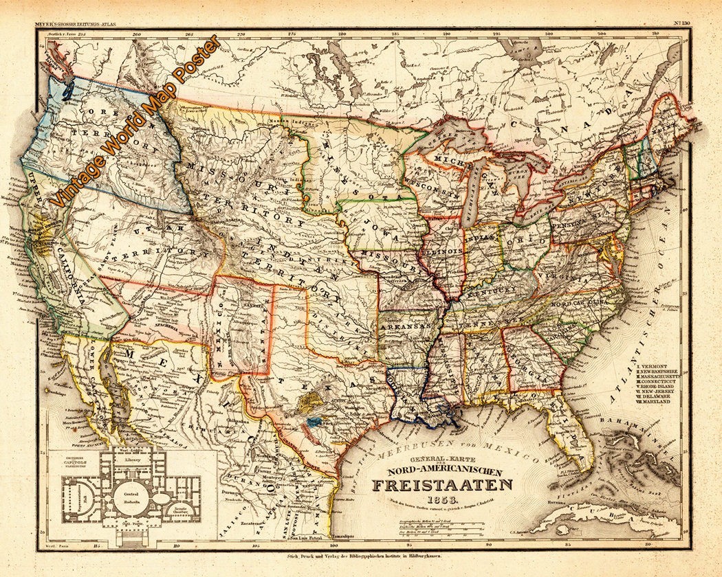 1853s Vintage World Map Reproduction Old Style Poster Print 24 x 30 Inch #005