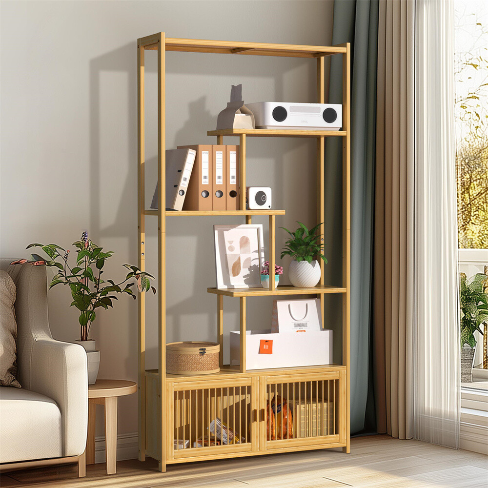 6-Tier Bookshelf w/ Cabinet Bamboo Tall Chinese Vintage Display Etagere Shelves