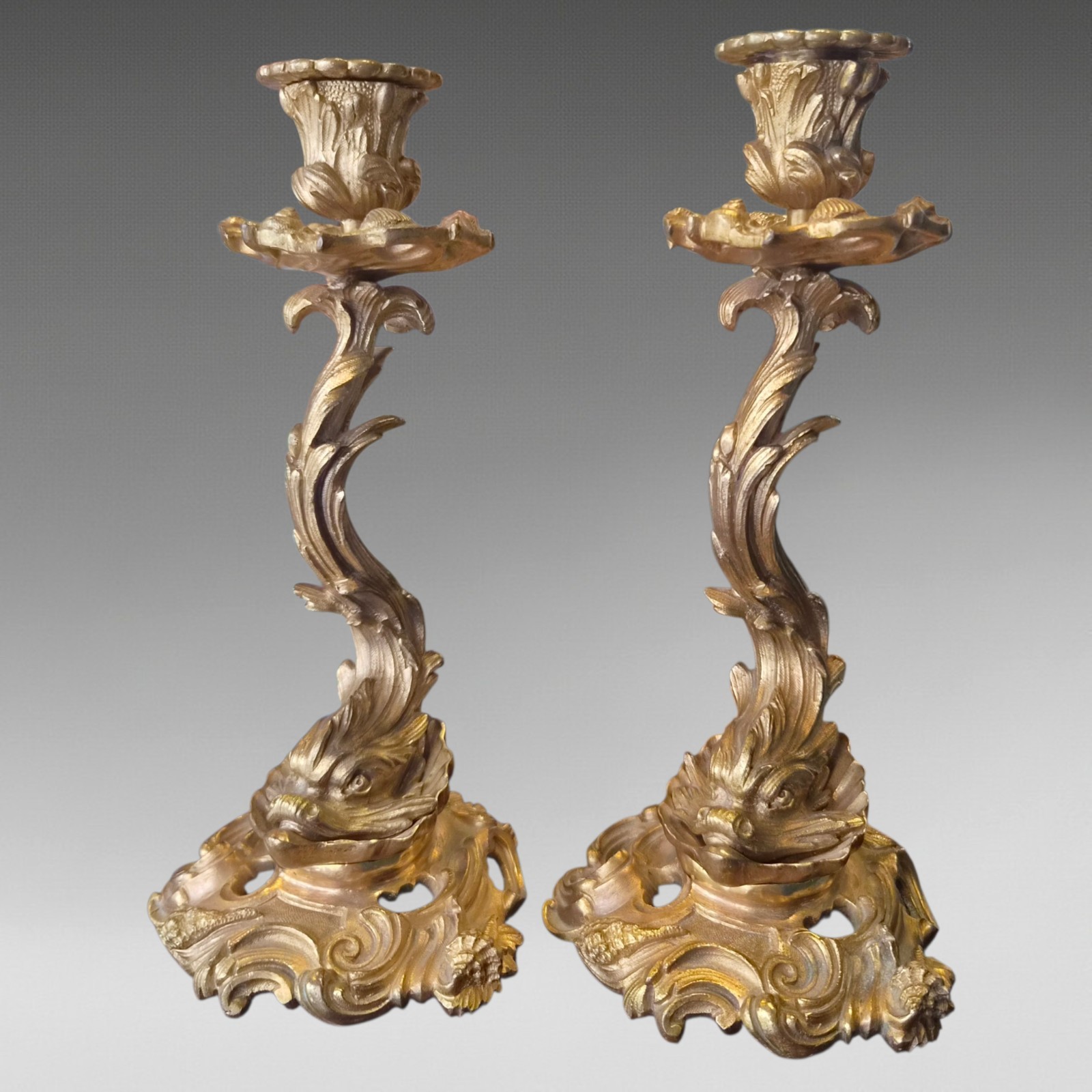 Pair Of Regency Fine Quality Heraldic/ Mythical Dolphin Ormolu Candlesticks