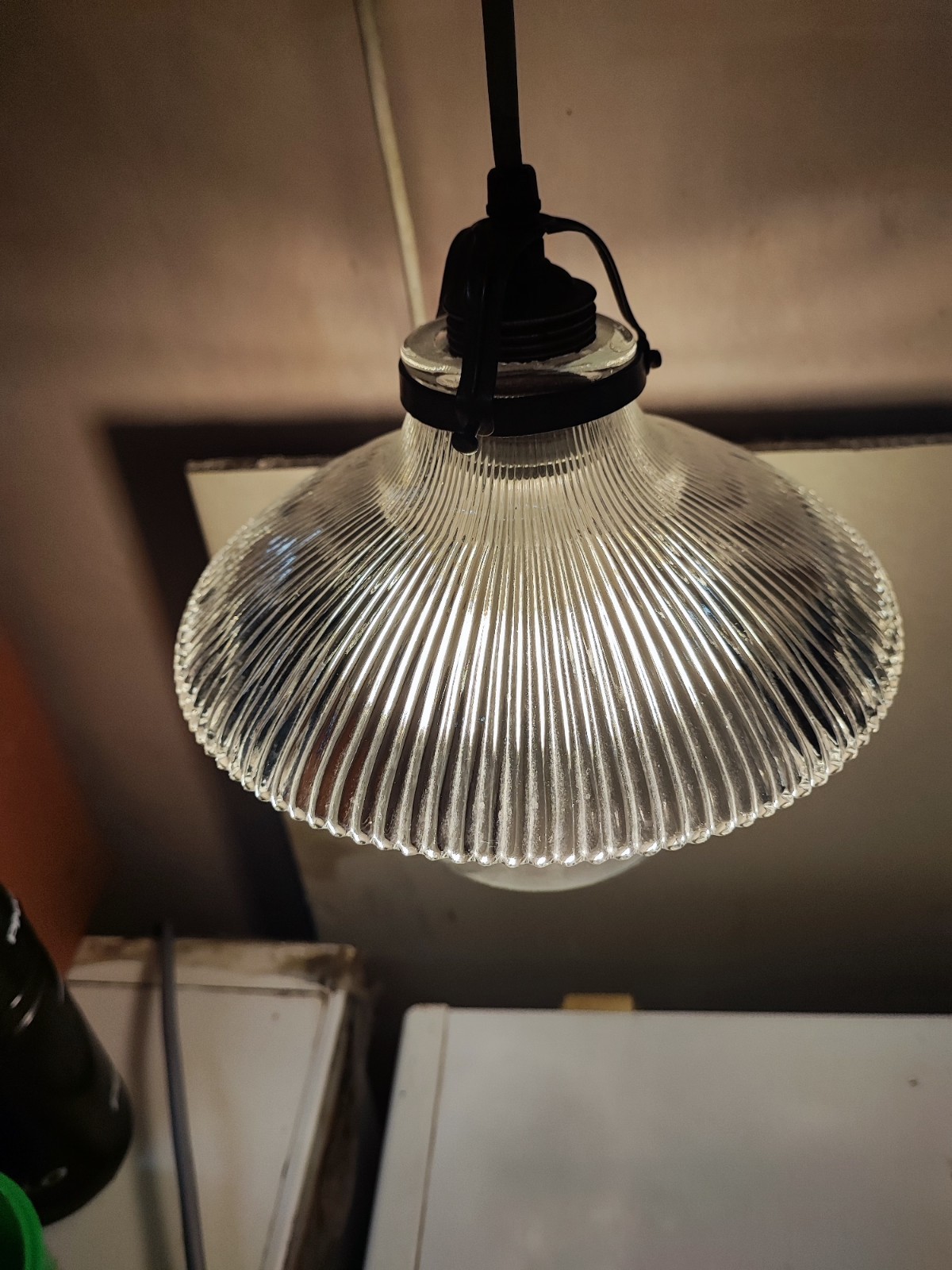 Vintage Ribbed Glass Pendant Light With Patinated Original Brass Gallery
