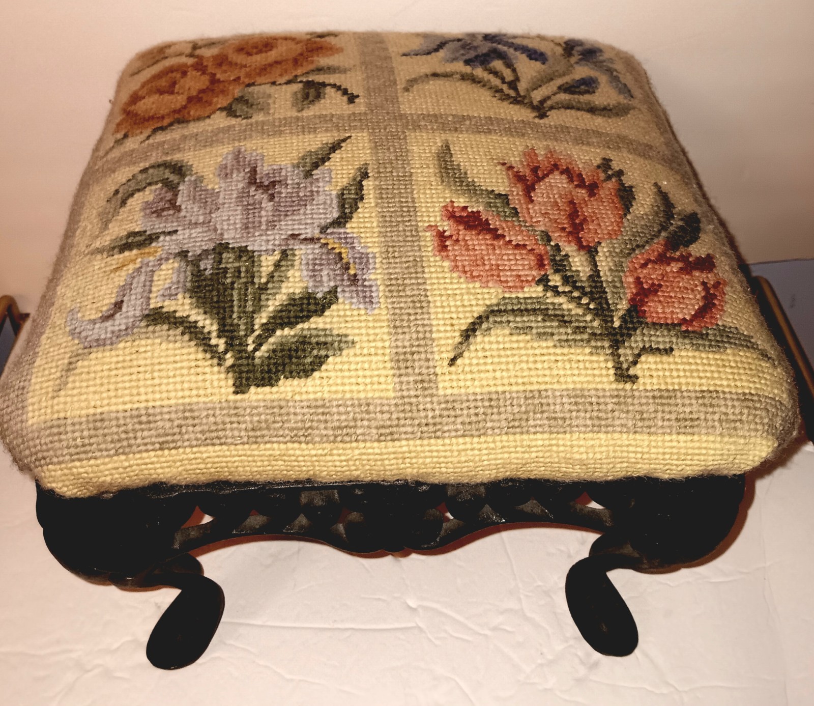 Vintage Victorian Style Cast Iron Floral Needlepoint Tapestry Foot Stool