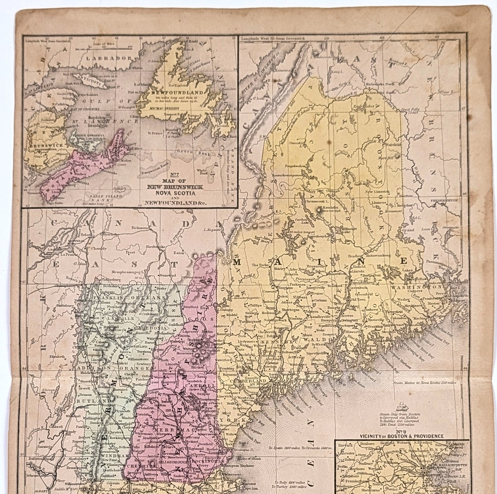 1852 NEW ENGLAND Map ORIGINAL – MAINE – NEW HAMPSHIRE – MASSACHUSETTS – Dated