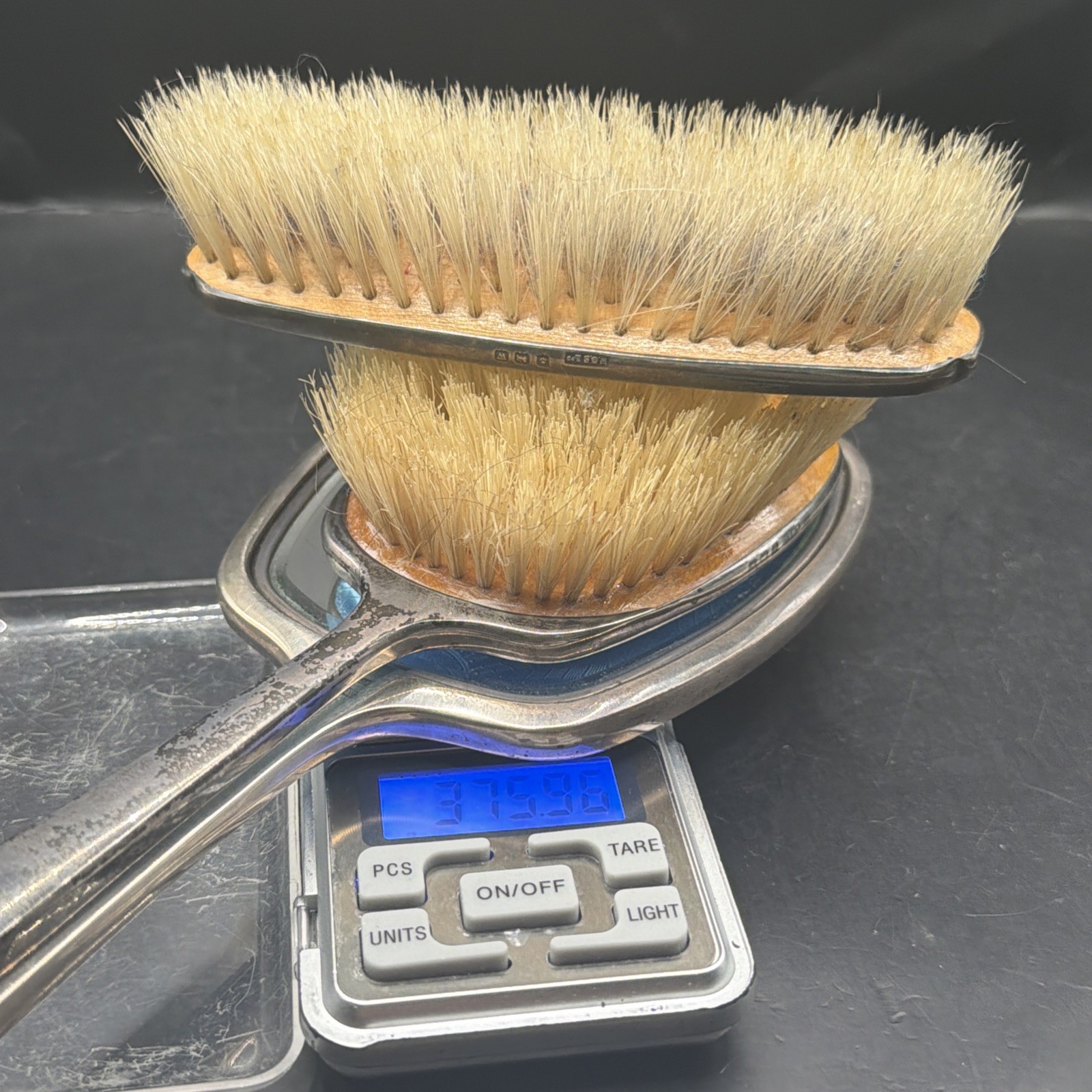 c.1900’s Sterling Silver Blue Guilloche Enamel Vanity Set Mirror Hair Brush 3pc