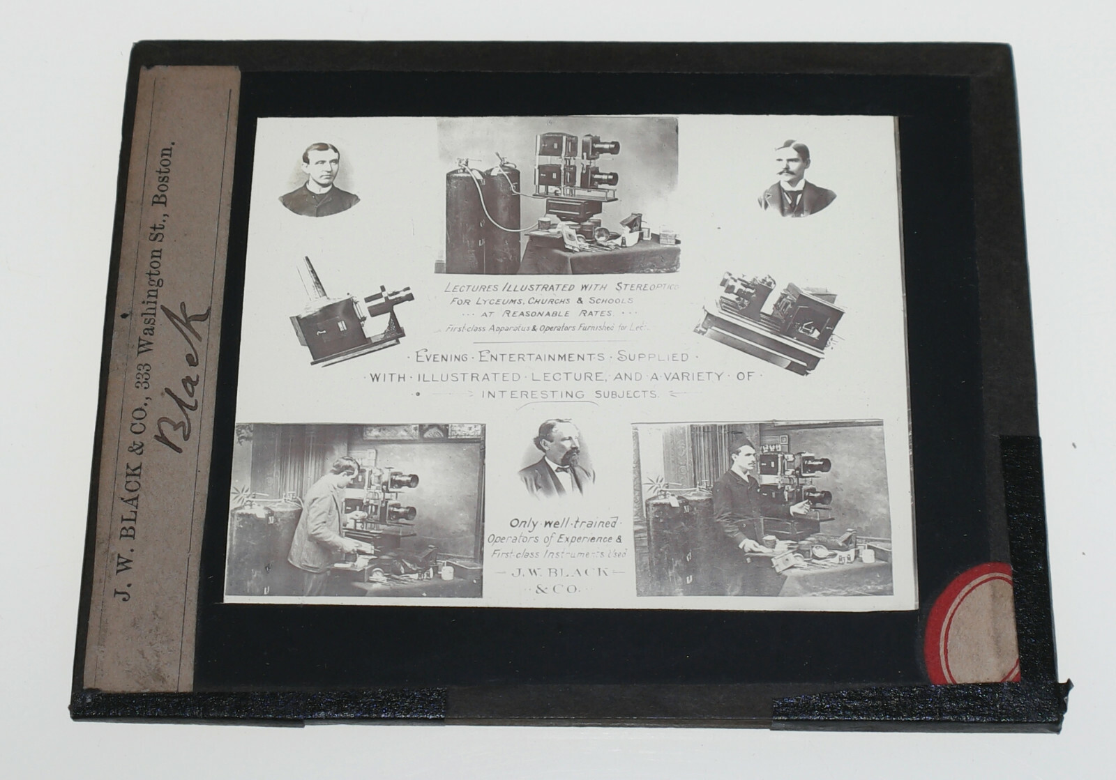 JW BLACK company w/ BI-UNIALS magic lanternists RARE advertising glass slide