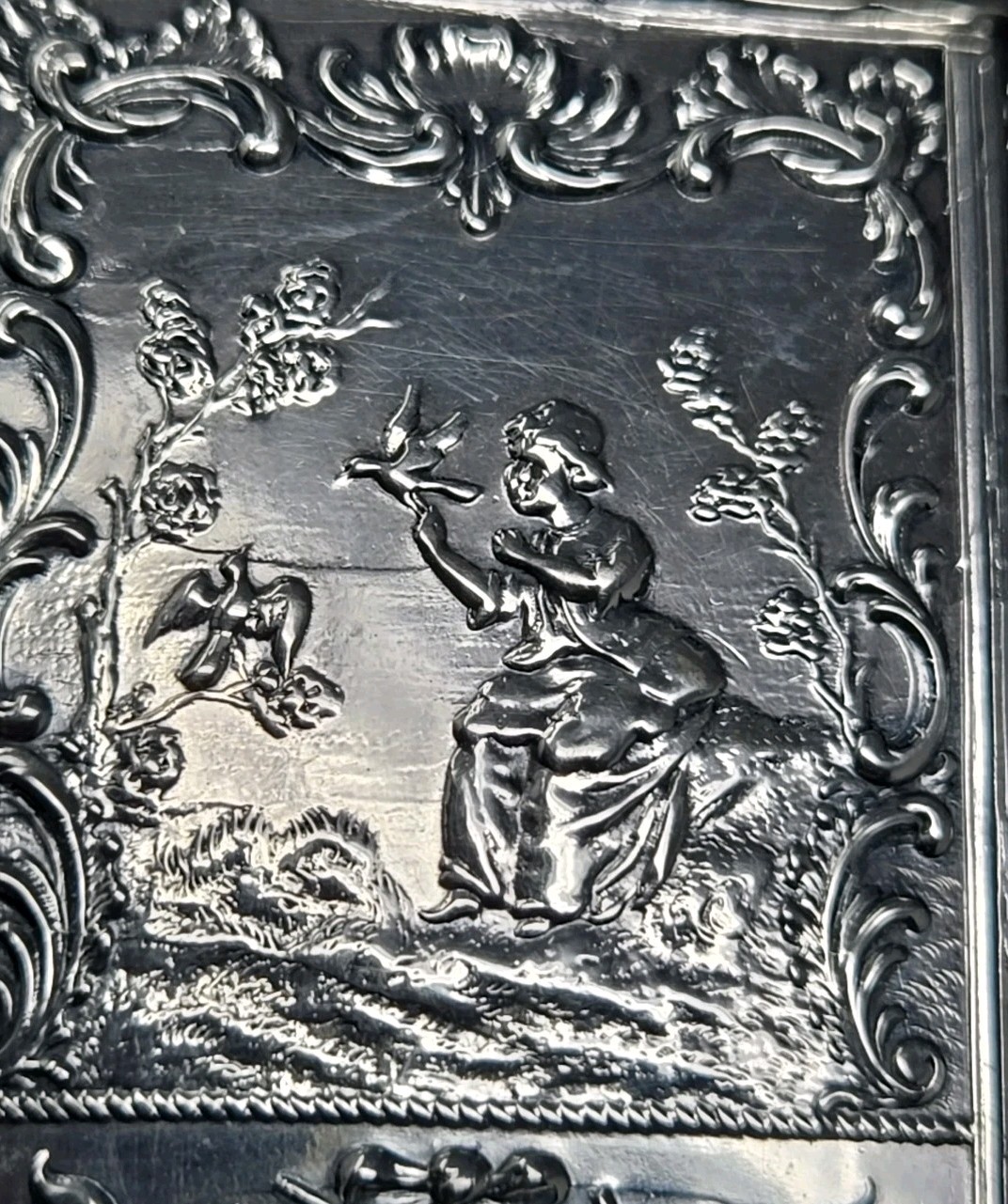 Antique German Silver Repoussé Tea Caddy Romantic Scene Girl With Birds