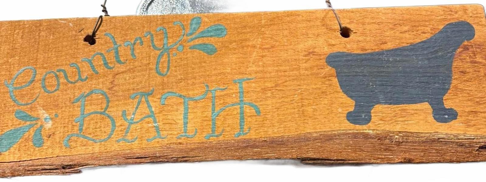 Country Bath Antique Wooden Hanging Sign with Crown Design 11.5″x4″
