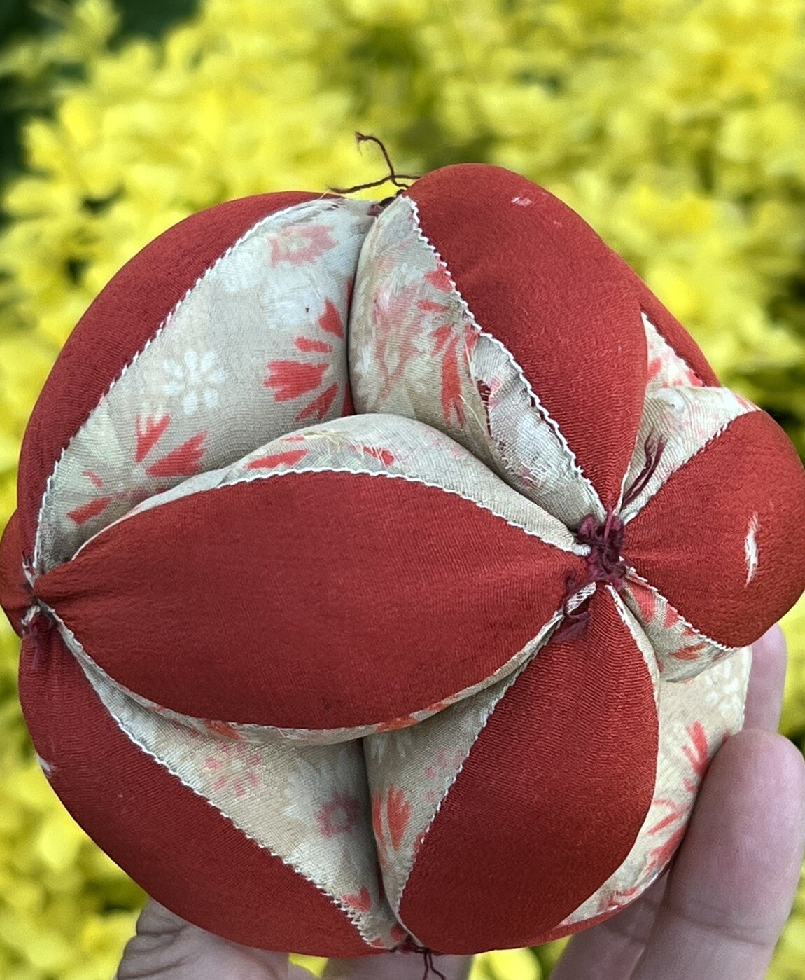 Antique Early Amish Sewing Ball Pin Cushion Red Cream Puzzle Ball Fantastic