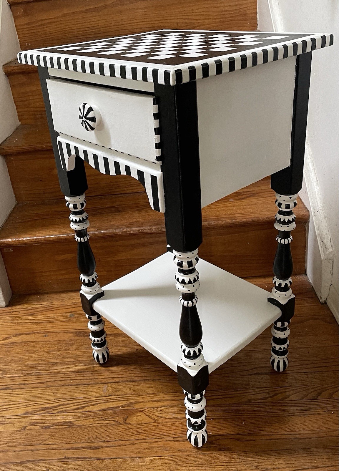 Whimsical Accent Table Side Table Hand Painted Black & White Antique