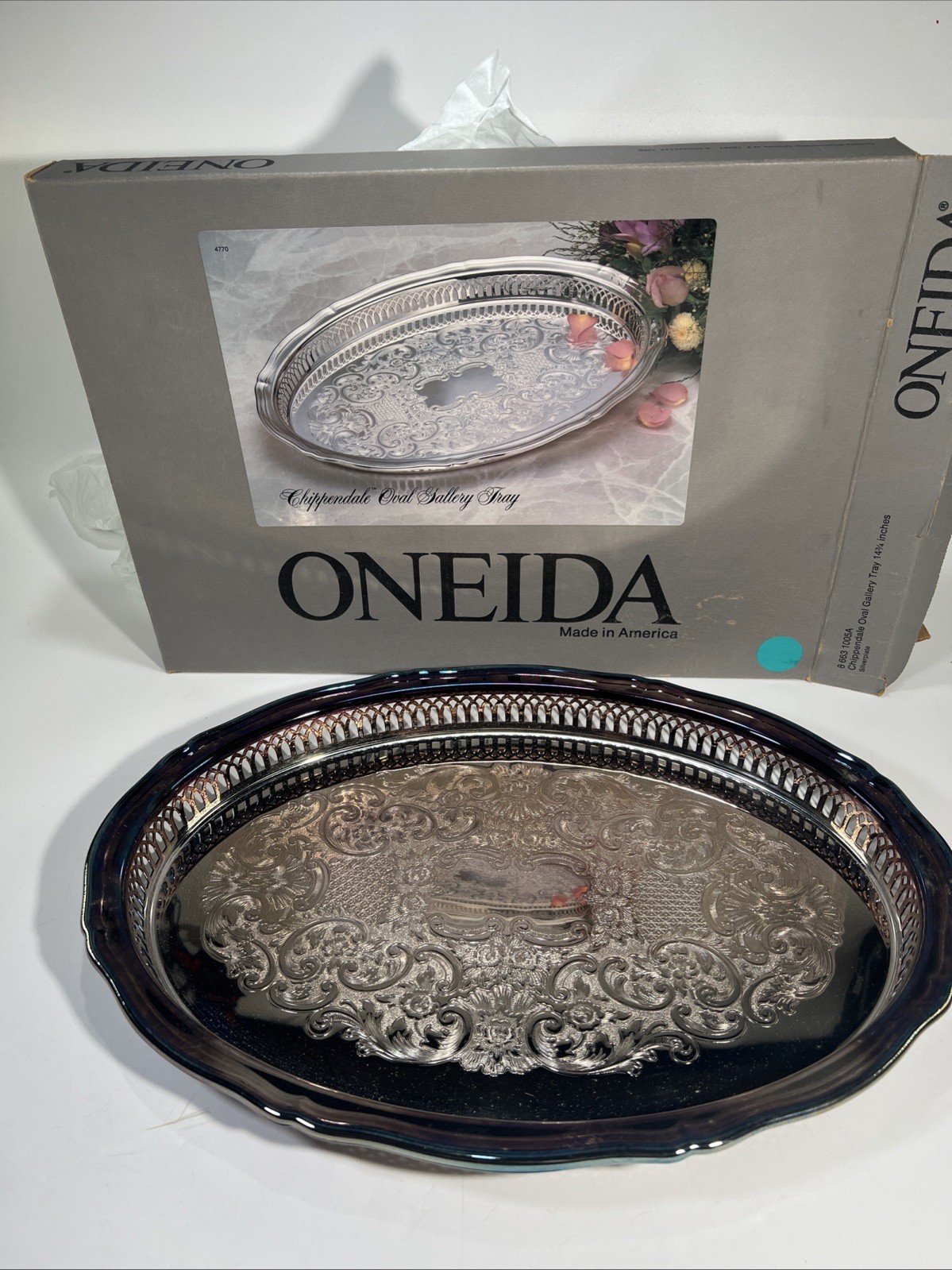 Oneida Chippendale Oval Gallery Silver Plate Tray 14.5” Made In USA