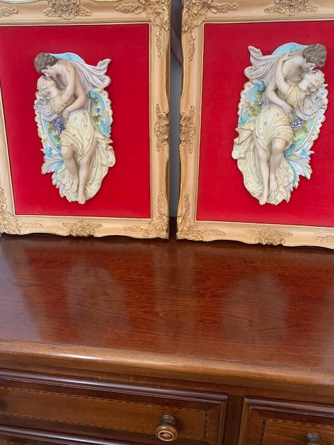 2 VINTAGE ARNART CAPODIMONTE-STYLE BISQUE PORCELAIN SCULPTURES WALL FRAMED ART