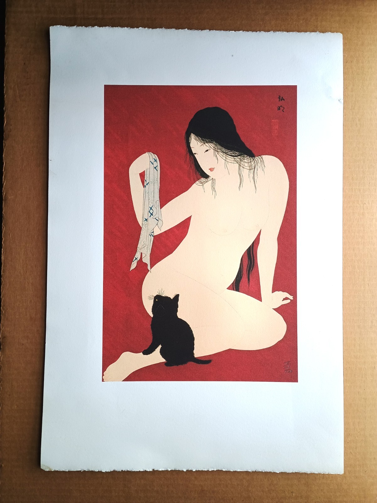 After Shotei Hiroaki Nude w Black Cat Japanese Woodblock Style Print numb.25/100