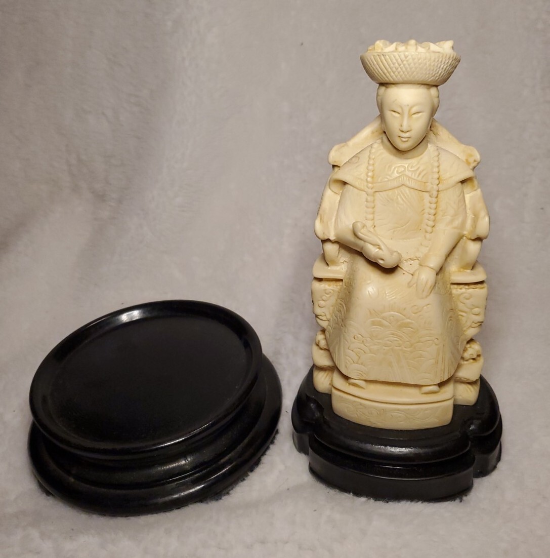 Chinese Hand-Carved Resin Emperor & Empress Figures 9″ With Glass & wooden Base