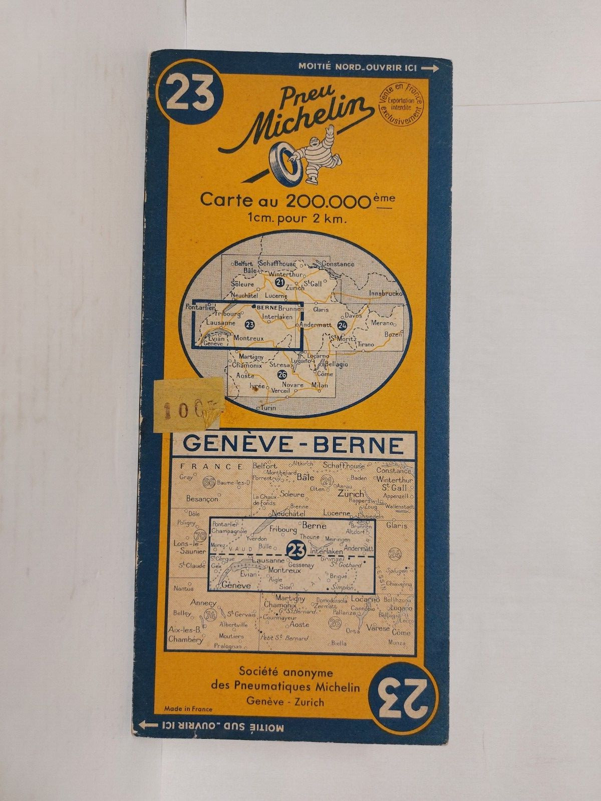 Vintage (1948) Michelin French road map 1:200K sheet 23 Geneve-Bern (ref2735)