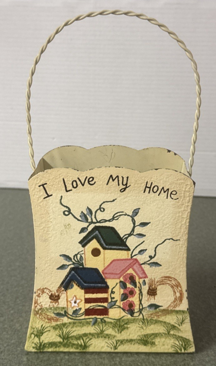 Vintage Small Metal Tin Basket w/ Handle Accent Decor