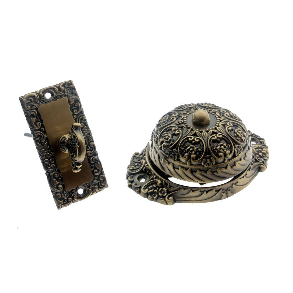 Solid Brass Ornate Mechanical Twist Door Bell in Antique Brass