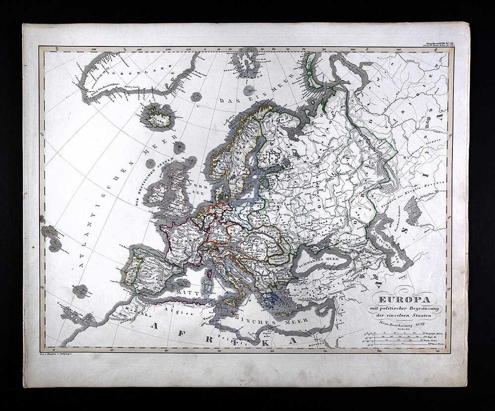 1847 Stieler Map Europe France Spain Italy Germany England Austria Sweden Norway
