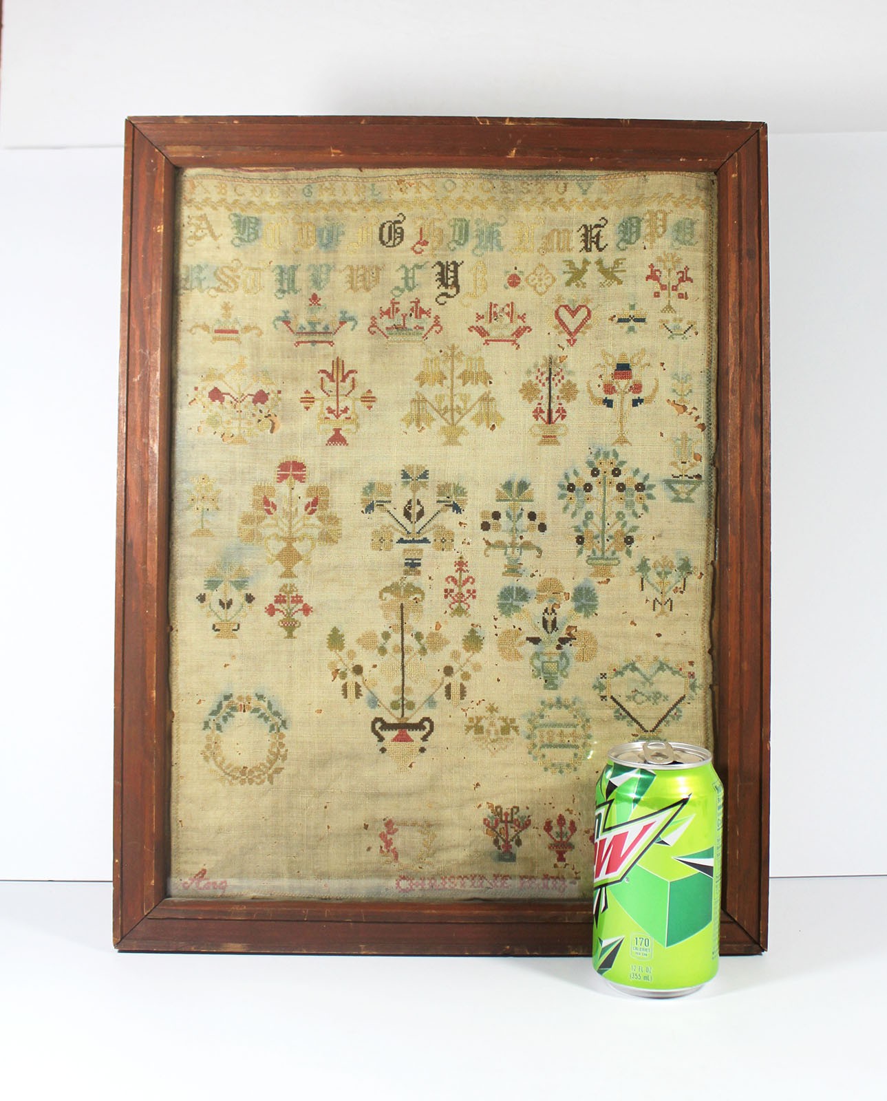Antique 1844 VICTORIAN SAMPLER Alphabet Needlework Hearts Floral Pre Civil War