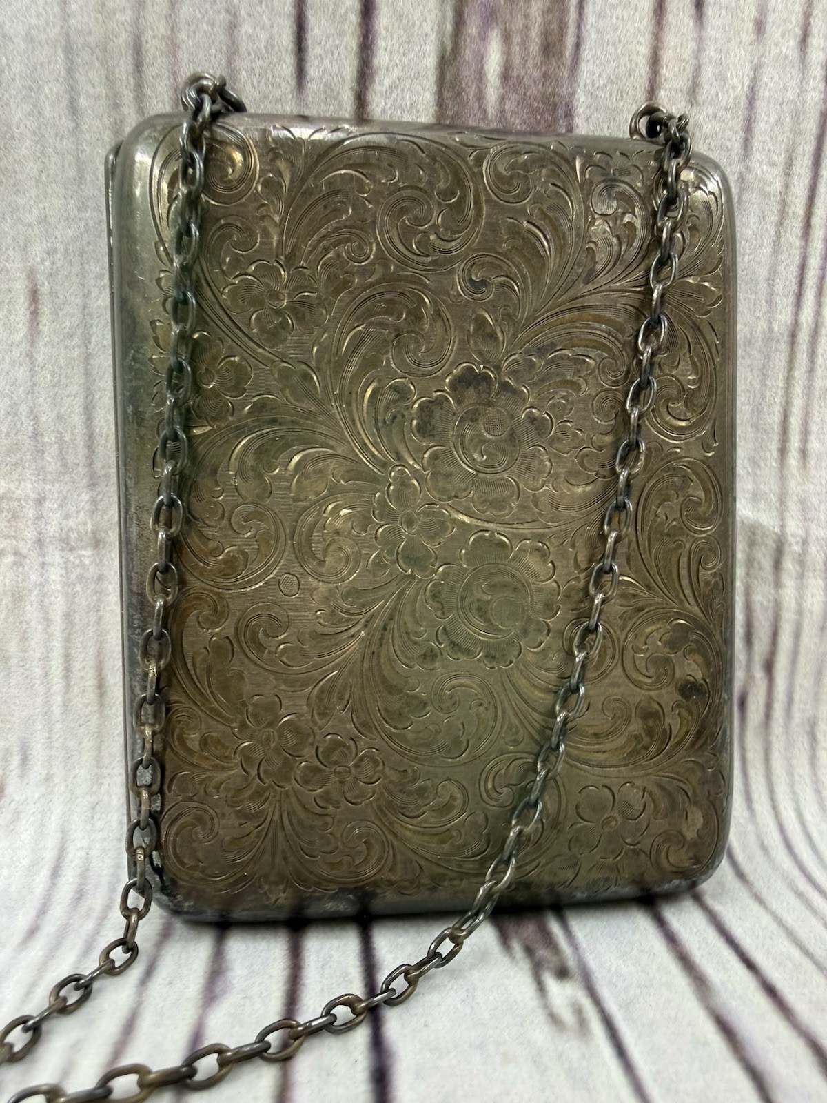Antique Silver Dance Compact Purse Card Case w Chain Pencil Engraved