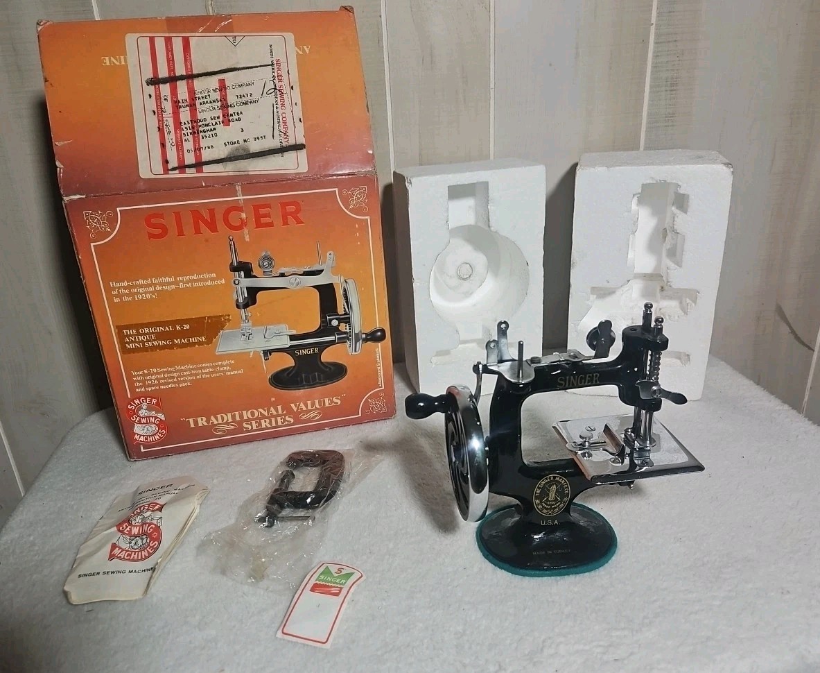Antique K-20 Mini Singer Sewing Machine Child Size Manual, Box, Clamp, Needles