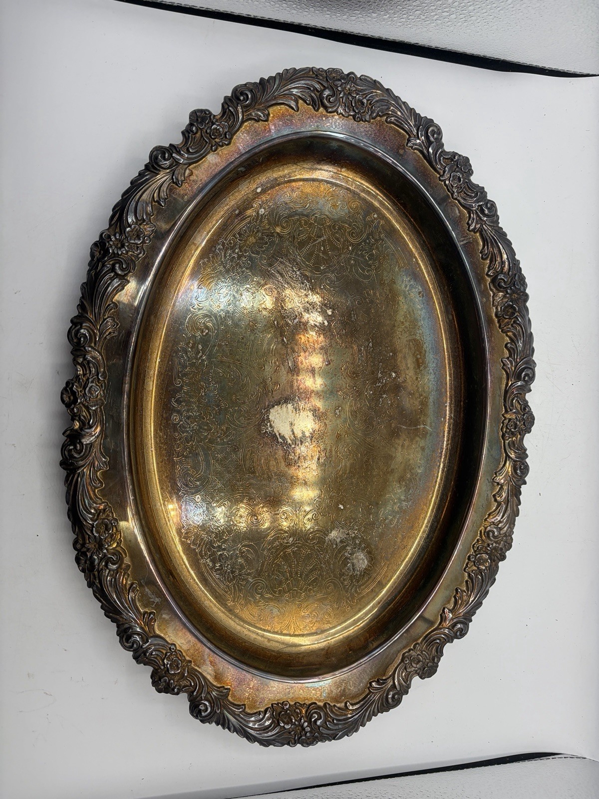 Vintage Silverplate Oval Serving Tray 17” Ornate Floral Scroll Edge Etched