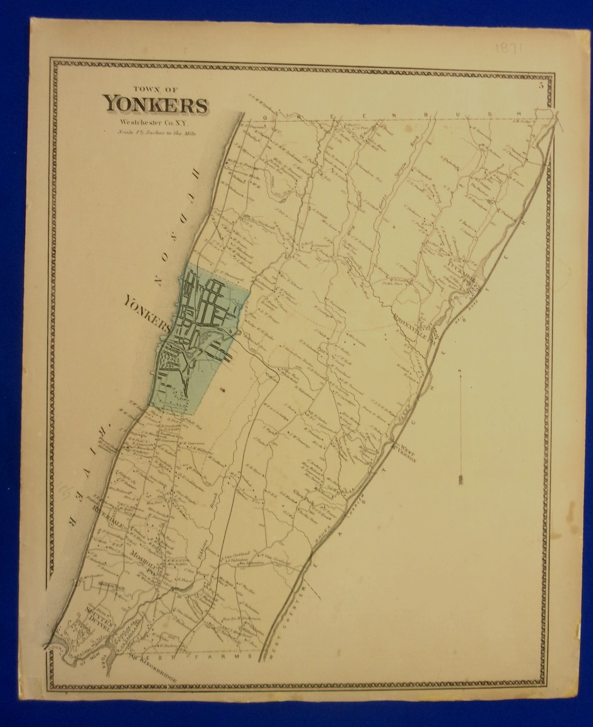 Original 14×17 Colored 1871 MAP OF YONKERS, WESTCHESTER COUNTY, NY. Laid Down.
