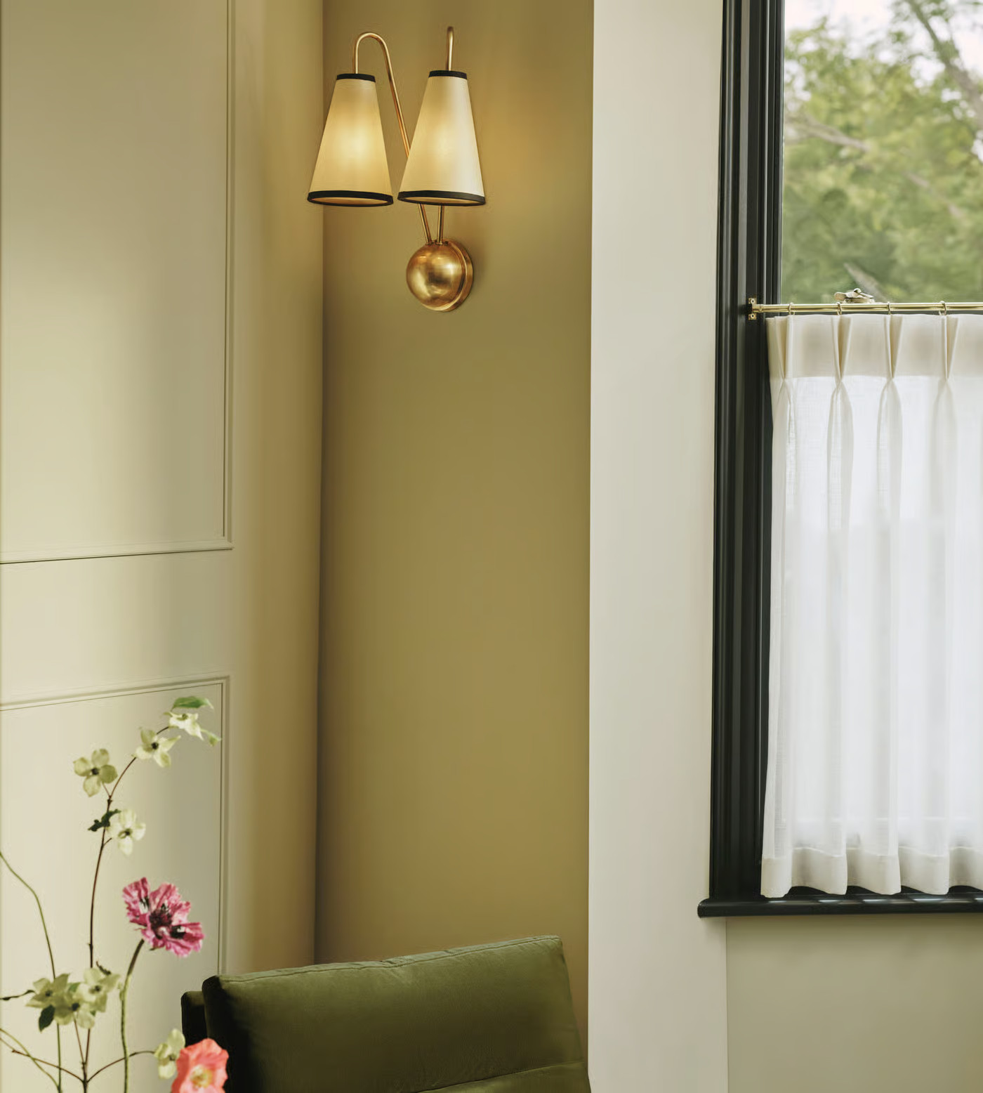 Clarke Wall Light, Antiqued Brass Dual Shade Wall Fixture Mid Century Lamp Sconc