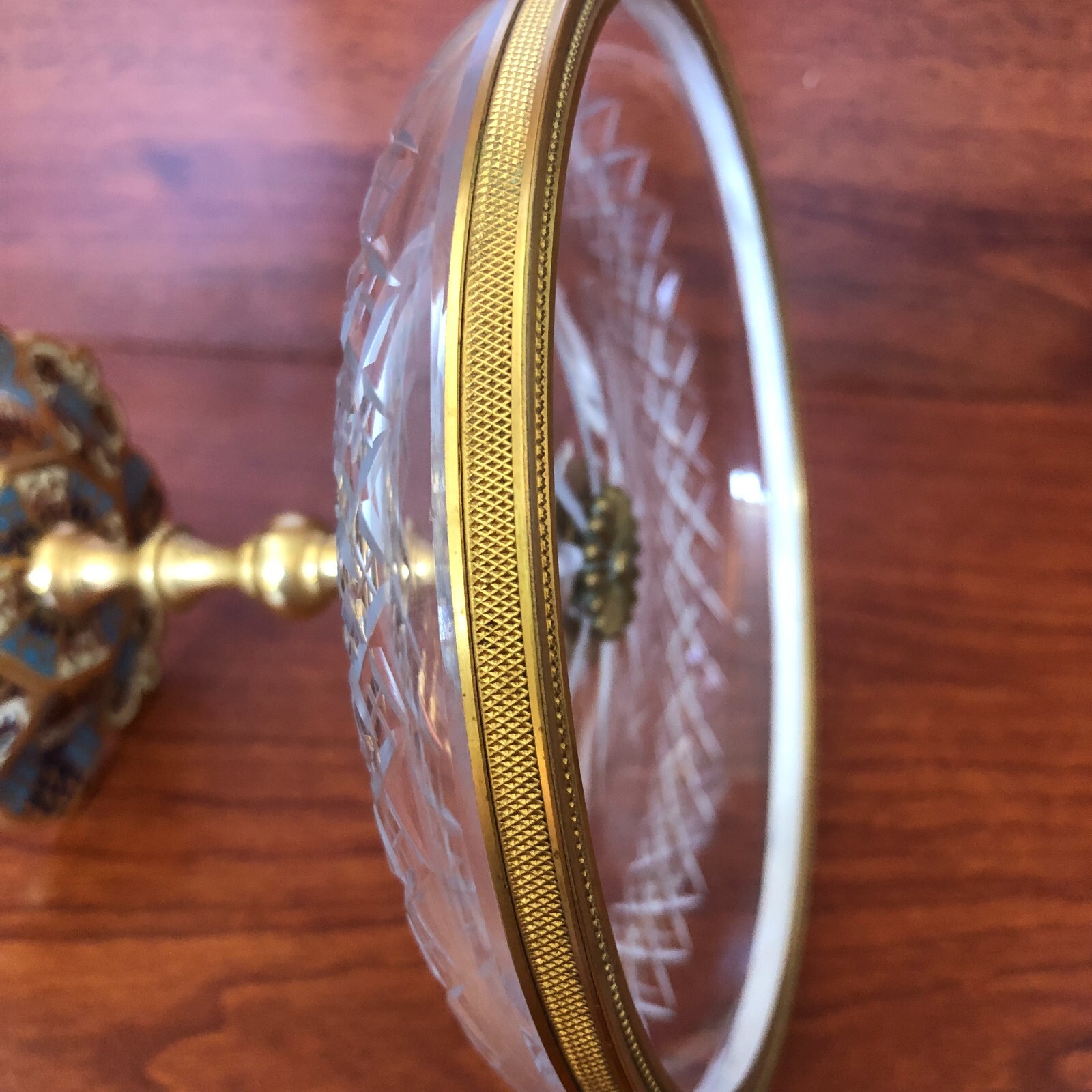 Antique French Pair Champleve Enamel , Gilded Bronze with Hand Cut Glass Compots