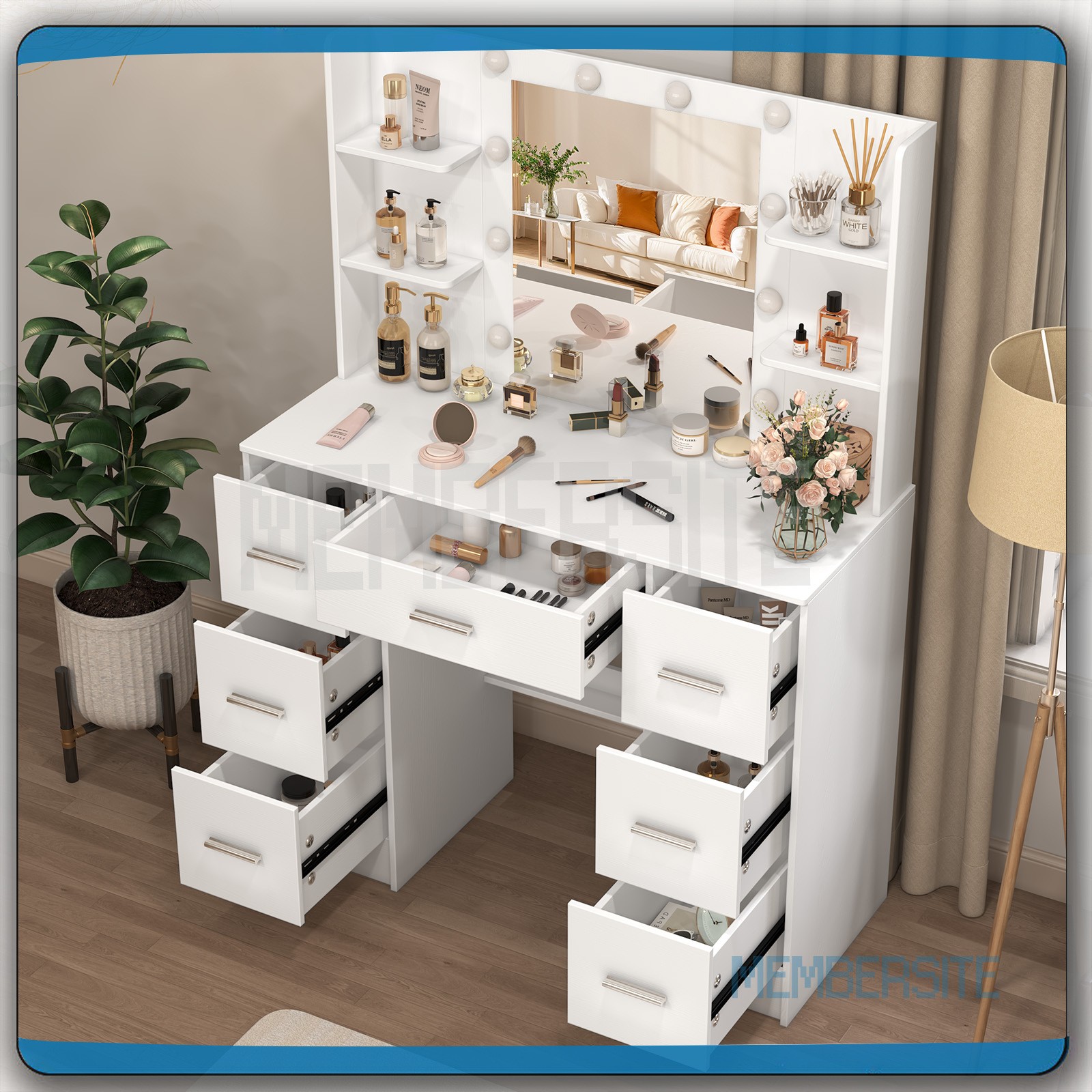 Large Vanity Makeup Dressing Table Desk Set with Lighted Mirror ,7 Drawers Shelf