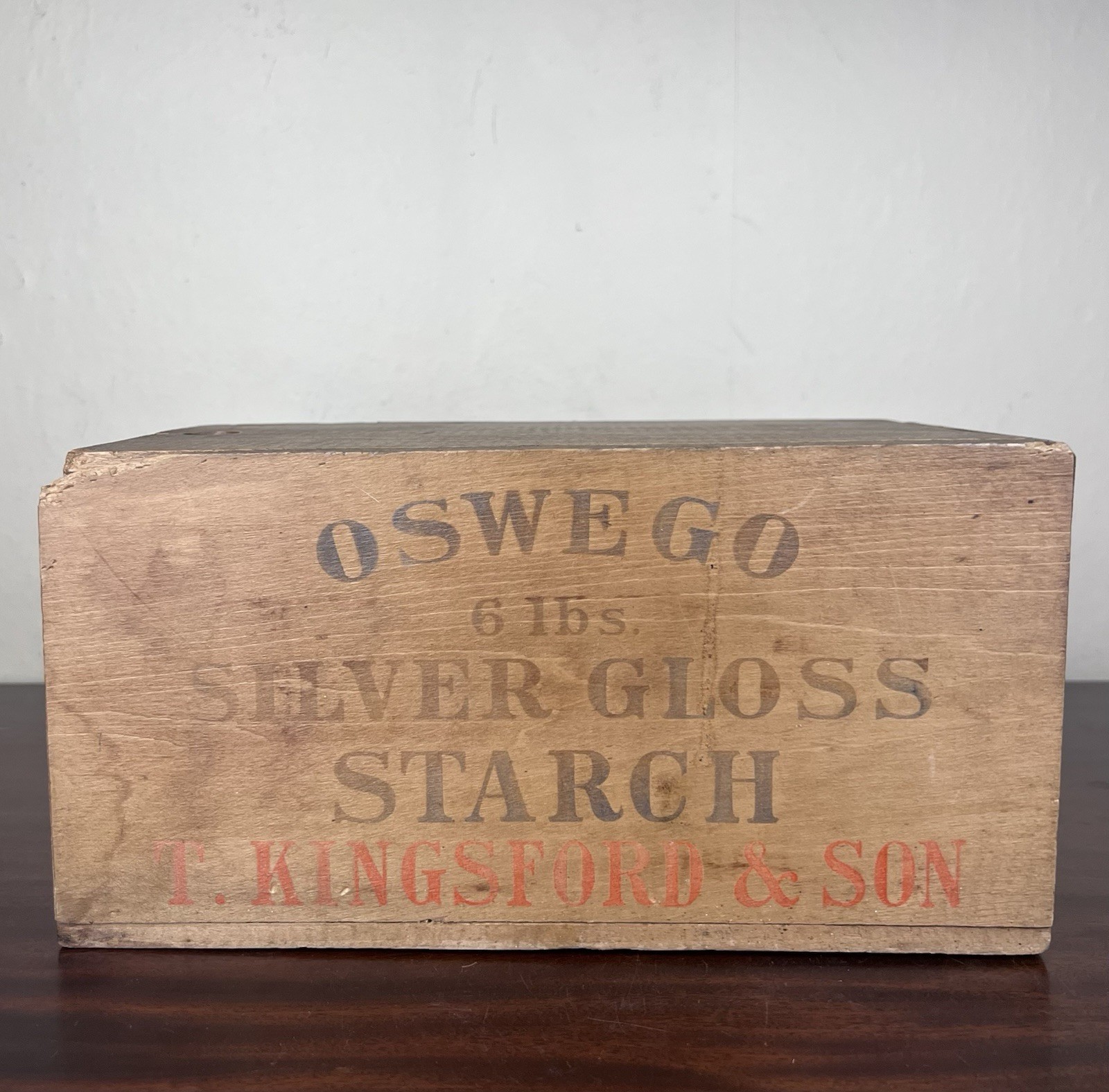 Antique Oswego Silver Gloss Starch Kingsford & Son Advertising Wood Box 11.25″