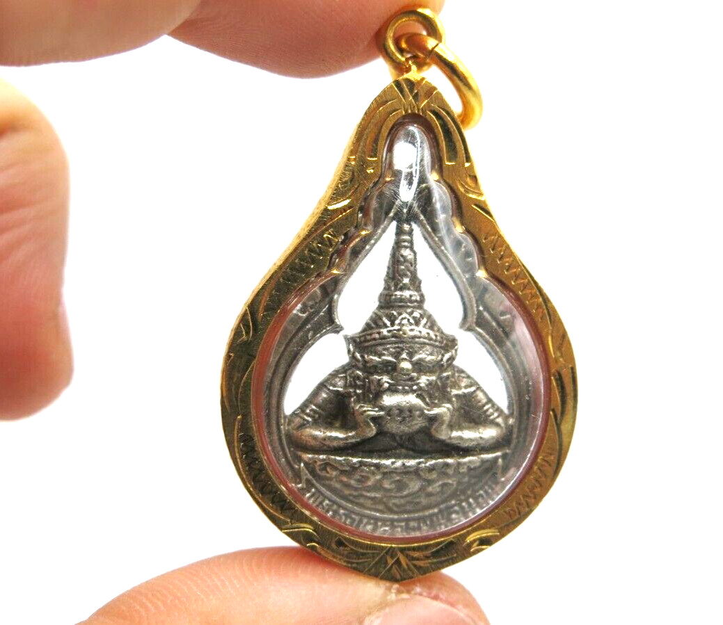 Vtg Silver Rahu Giant Pendant LP Noy 18k Gold plated Thai Amulet Protection Rare