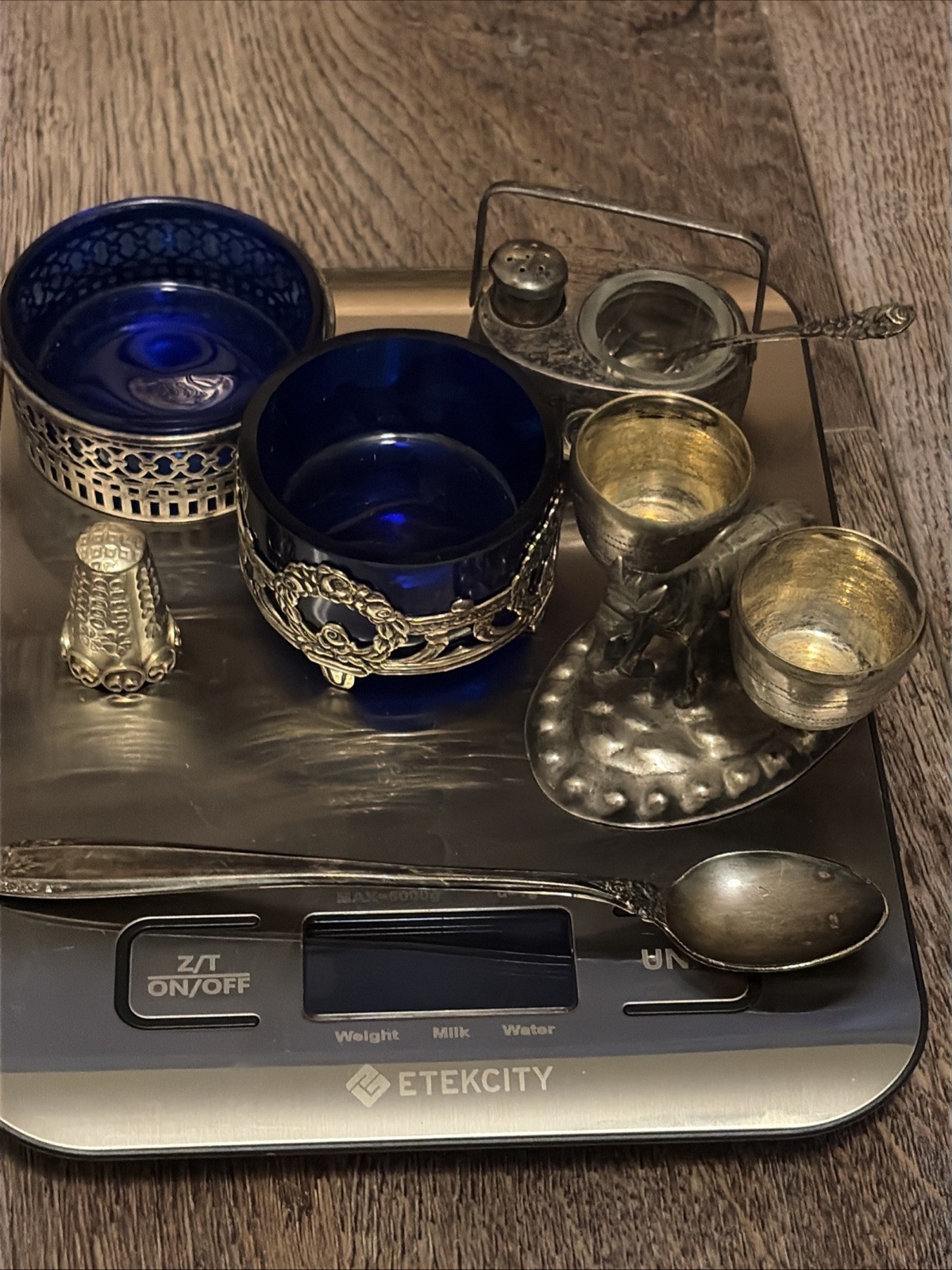 Sterling 925 Lot Antique Salt Cellar Dip Cobalt Glass Thimble Spoon Donkey 129 G