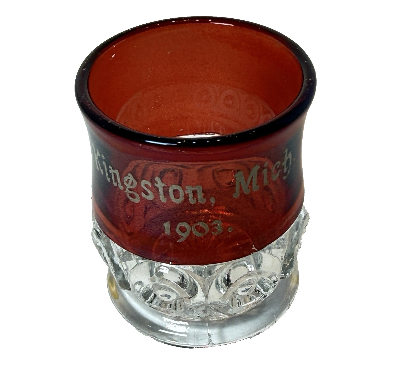KINGSTON Michigan Antique 1901 Ruby Red Flash Souvenir Glass CUT GLASS SHOT CUP