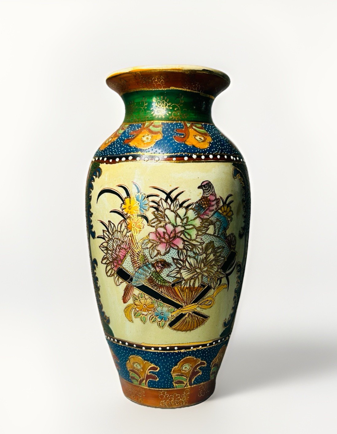 Early To Vintage Mid Century Japanese Satsuma Gilt Tube Lined Moriage Bird Vase