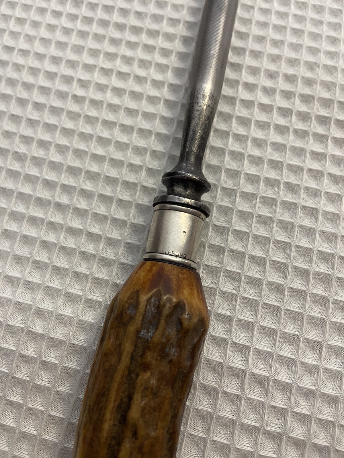 Antique Wm A Rogers Carving Set Knife Sharpener Stag Horn Sterling Silver Joints