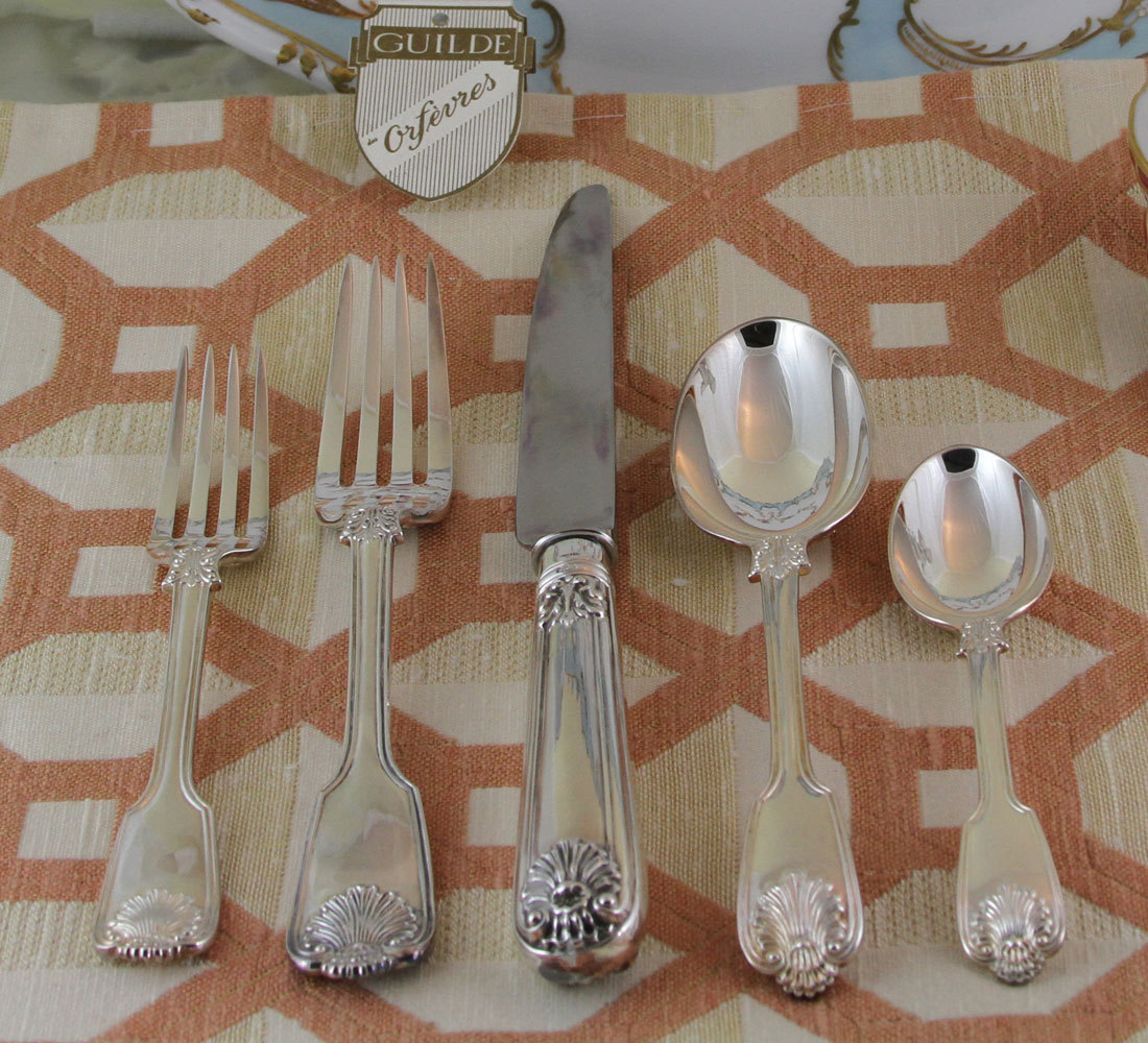 Sterling Silver Flatware 5-pc Place-Setting,Fiddle Thread Husk-Hand-Forged